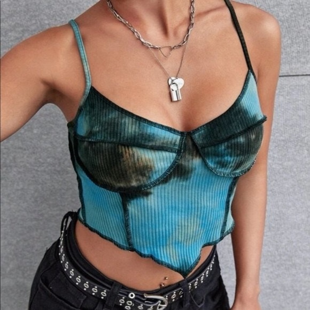 NEW Blue Tie Dye Rib Knit Cami Crop Top Size Large